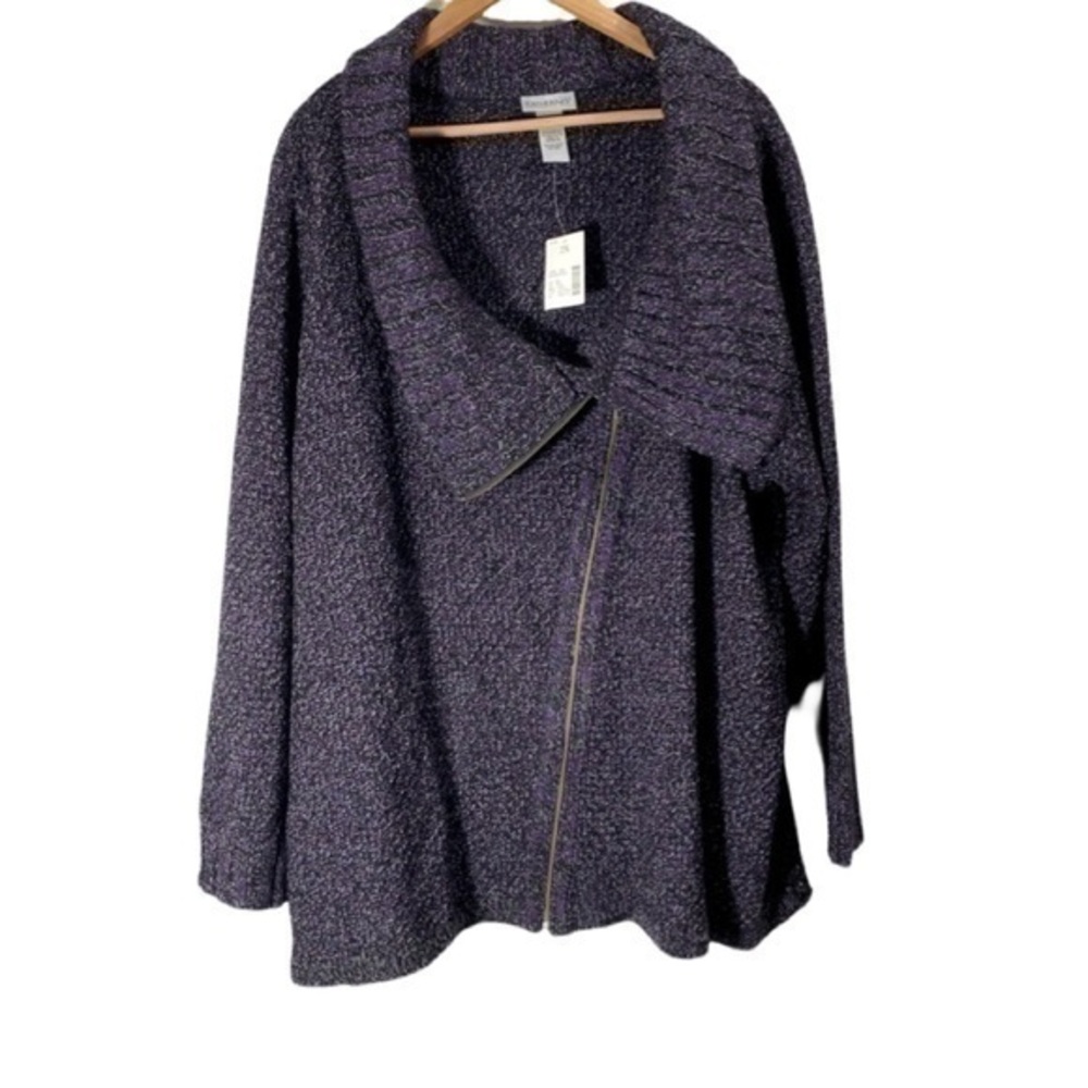 Catherines Sweater Jacket Purple Black Tweed Asymmetrical Zipper Womens Size 2X